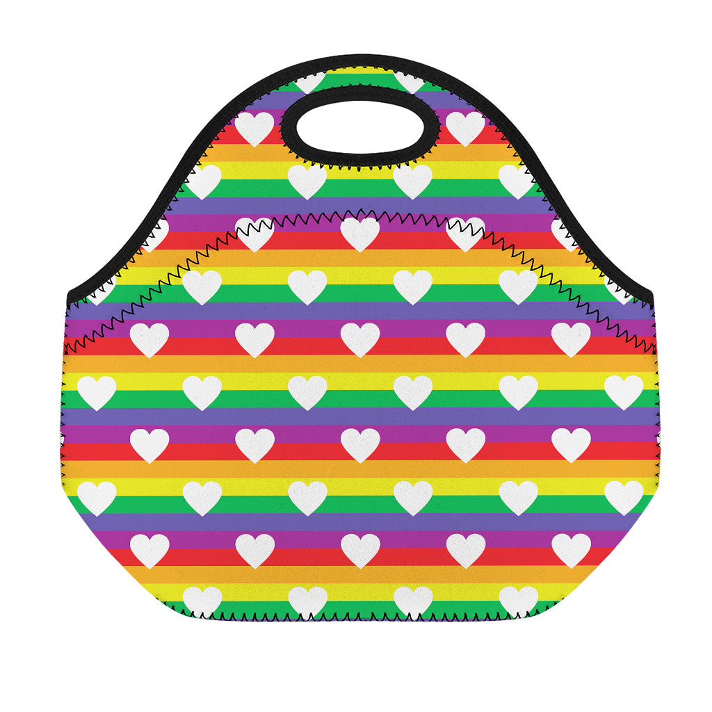 White Heart On LGBT Pride Striped Print Neoprene Lunch Bag