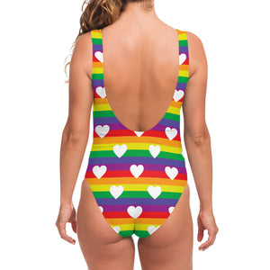 White Heart On LGBT Pride Striped Print One Piece Swimsuit
