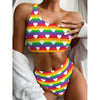 White Heart On LGBT Pride Striped Print One Shoulder Bikini Top