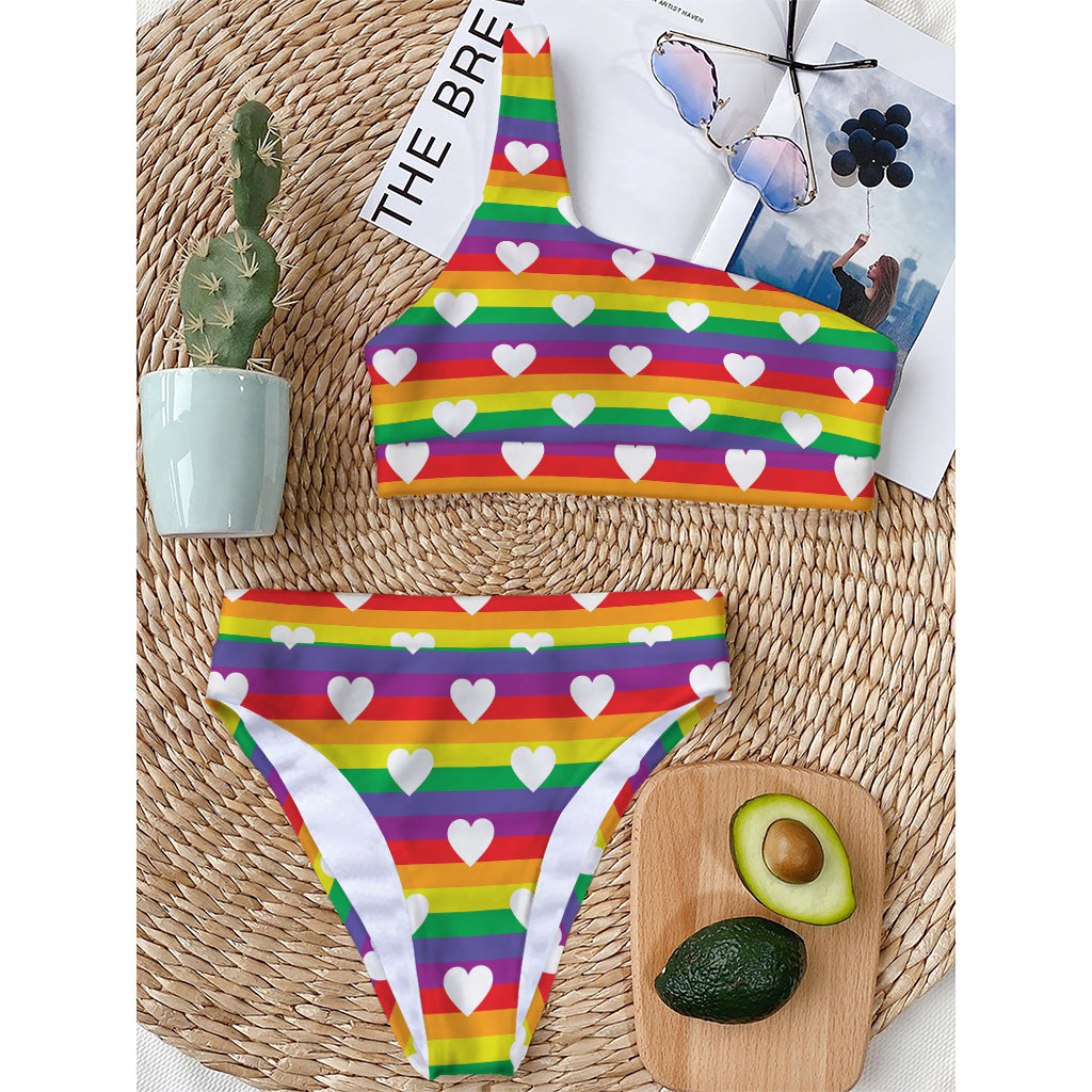 White Heart On LGBT Pride Striped Print One Shoulder Bikini Top