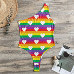 White Heart On LGBT Pride Striped Print One Shoulder Bodysuit