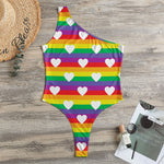 White Heart On LGBT Pride Striped Print One Shoulder Bodysuit