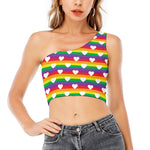 White Heart On LGBT Pride Striped Print One Shoulder Crop Top