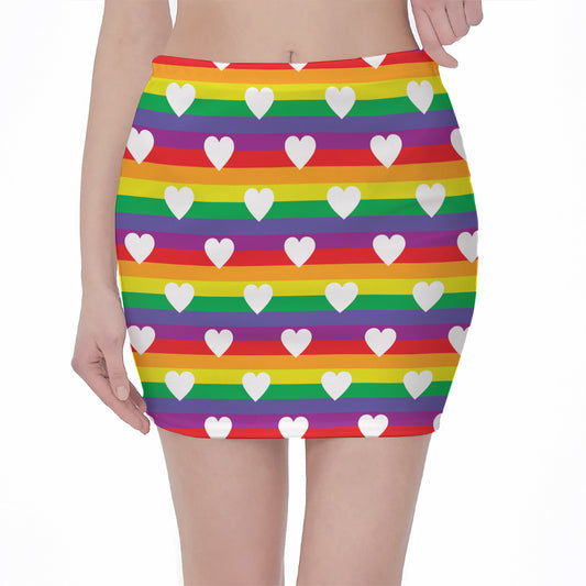 White Heart On LGBT Pride Striped Print Pencil Mini Skirt