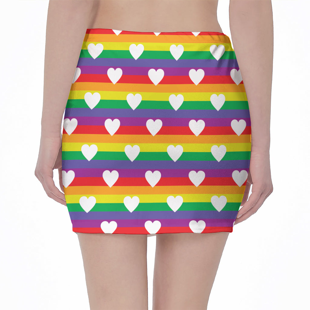 White Heart On LGBT Pride Striped Print Pencil Mini Skirt