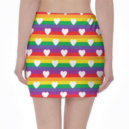 White Heart On LGBT Pride Striped Print Pencil Mini Skirt