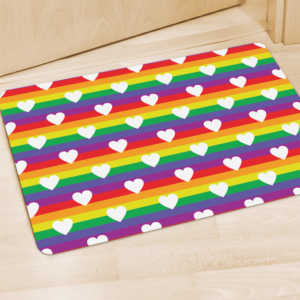 White Heart On LGBT Pride Striped Print Polyester Doormat