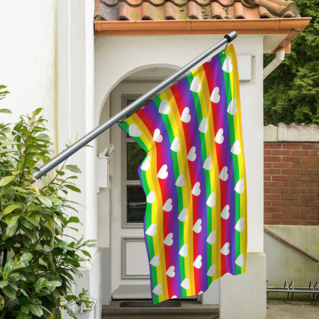 White Heart On LGBT Pride Striped Print Polyester Flag