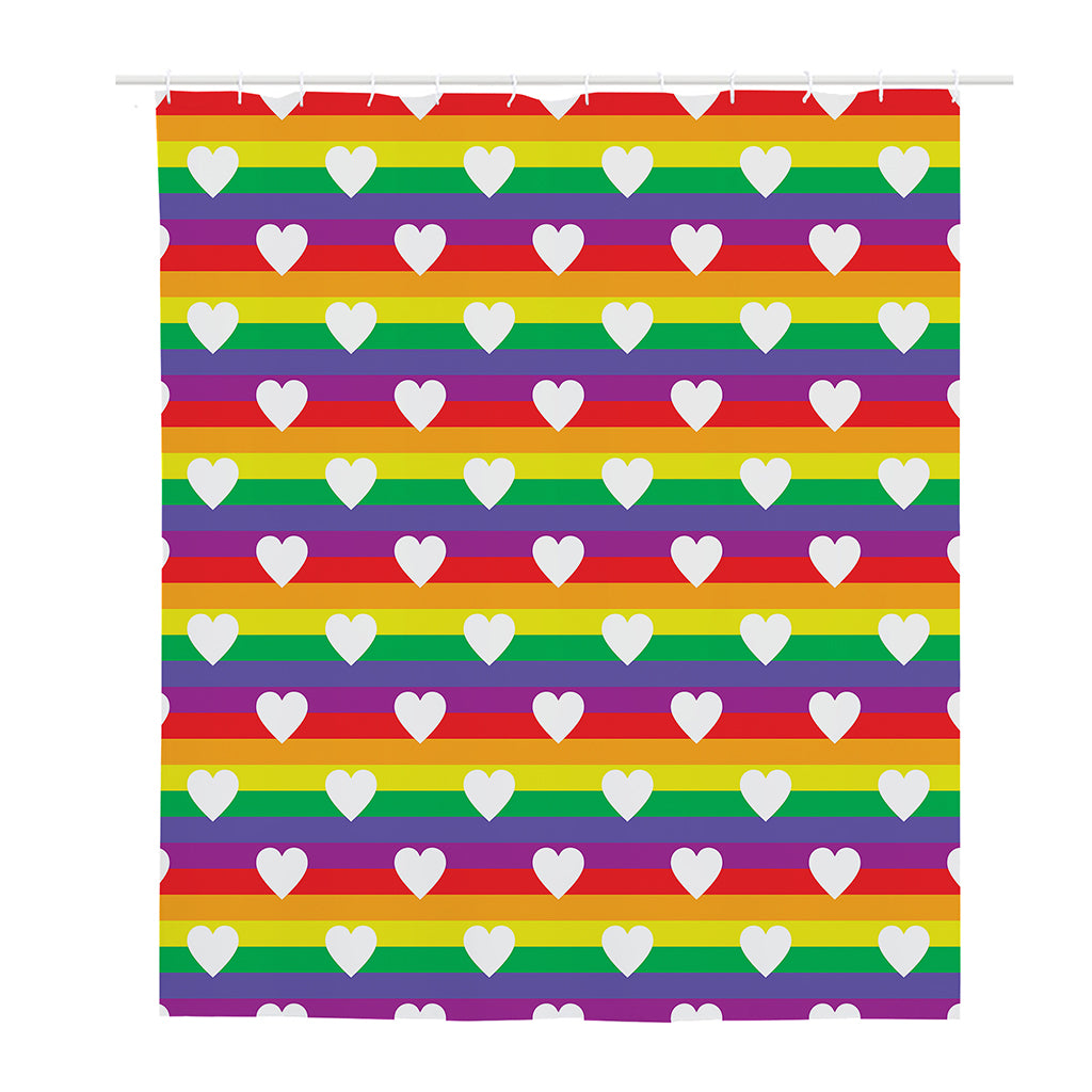 White Heart On LGBT Pride Striped Print Polyester Shower Curtain