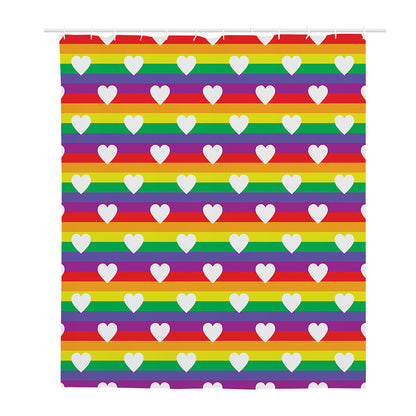 White Heart On LGBT Pride Striped Print Polyester Shower Curtain