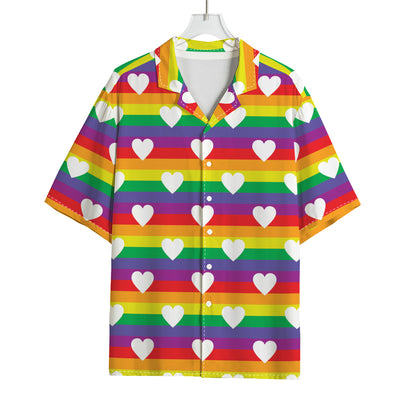 White Heart On LGBT Pride Striped Print Rayon Hawaiian Shirt