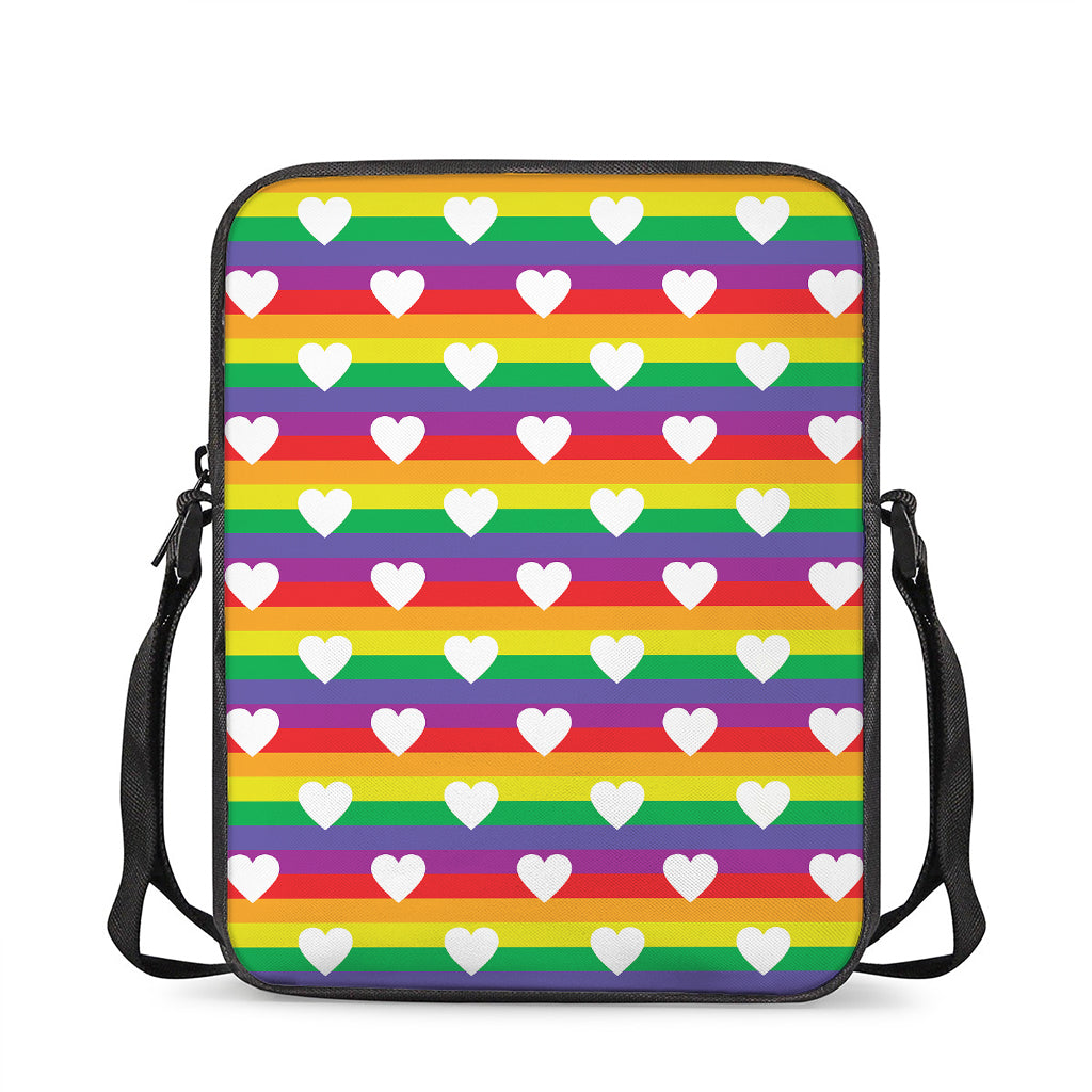 White Heart On LGBT Pride Striped Print Rectangular Crossbody Bag