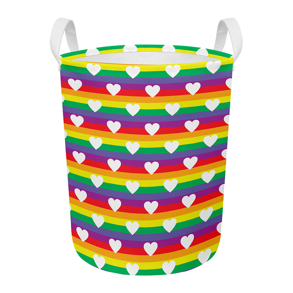 White Heart On LGBT Pride Striped Print Round Laundry Basket