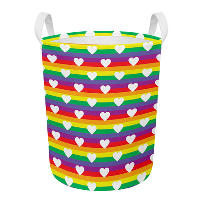 White Heart On LGBT Pride Striped Print Round Laundry Basket