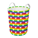 White Heart On LGBT Pride Striped Print Round Laundry Basket