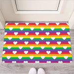 White Heart On LGBT Pride Striped Print Rubber Doormat