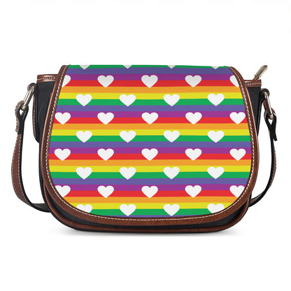 White Heart On LGBT Pride Striped Print Saddle Bag