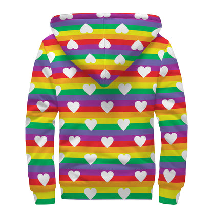 White Heart On LGBT Pride Striped Print Sherpa Lined Zip Up Hoodie