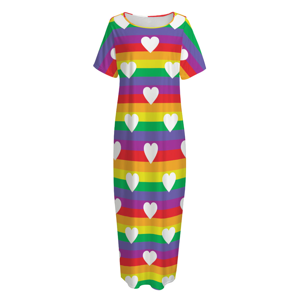 White Heart On LGBT Pride Striped Print Short Sleeve Long Nightdress