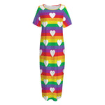 White Heart On LGBT Pride Striped Print Short Sleeve Long Nightdress