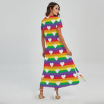 White Heart On LGBT Pride Striped Print Short Sleeve Maxi Dress