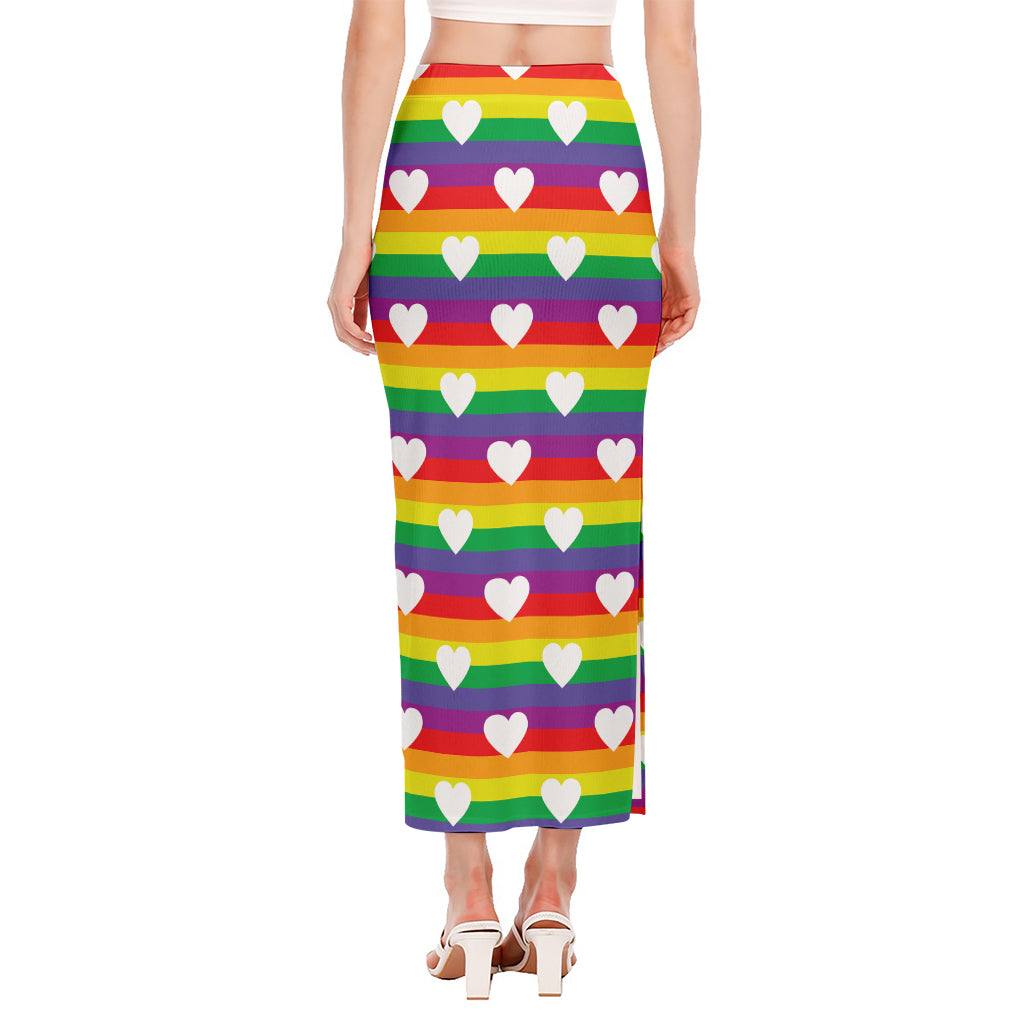 White Heart On LGBT Pride Striped Print Side Slit Maxi Skirt