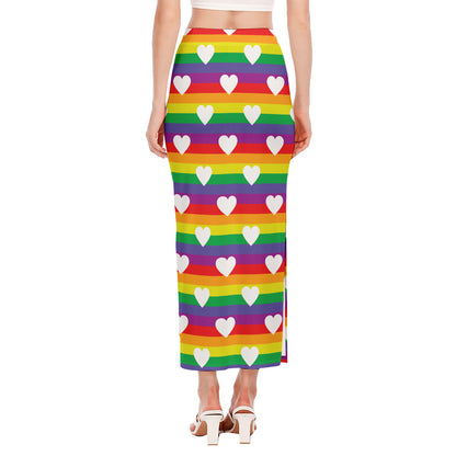 White Heart On LGBT Pride Striped Print Side Slit Maxi Skirt