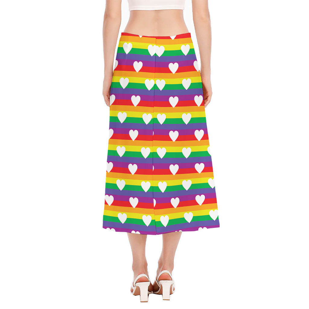 White Heart On LGBT Pride Striped Print Side Slit Midi Skirt