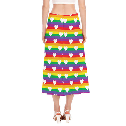White Heart On LGBT Pride Striped Print Side Slit Midi Skirt