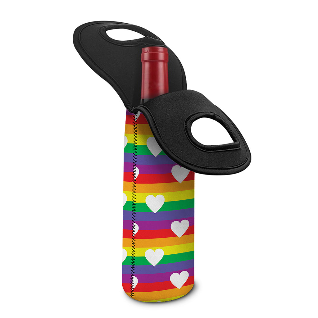 White Heart On LGBT Pride Striped Print Single Neoprene Wine Tote