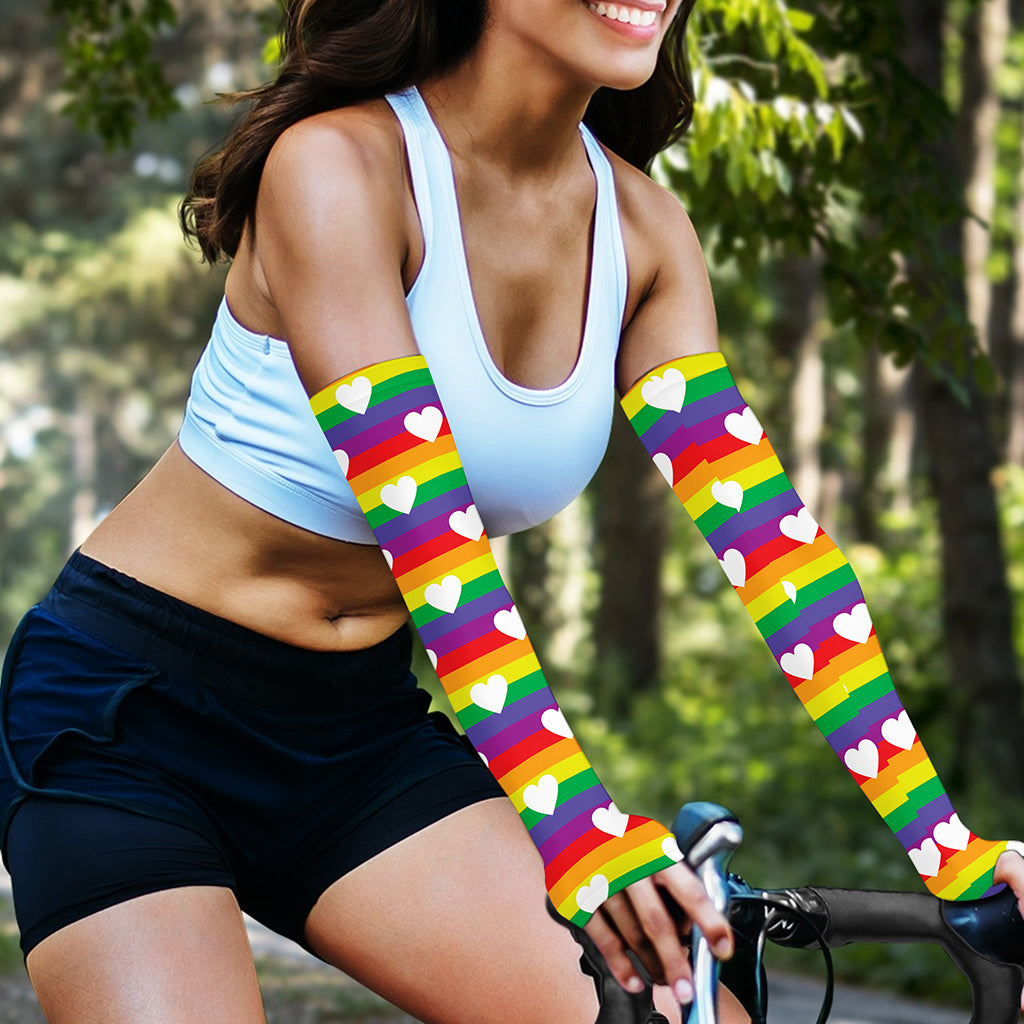 White Heart On LGBT Pride Striped Print Sun Protection Arm Sleeves