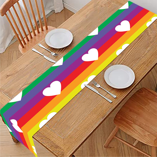 White Heart On LGBT Pride Striped Print Table Runner