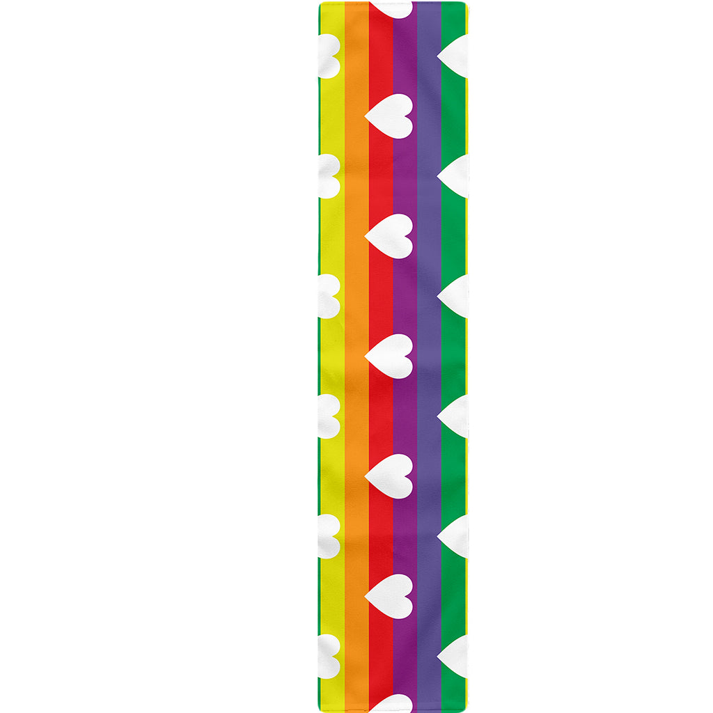 White Heart On LGBT Pride Striped Print Table Runner