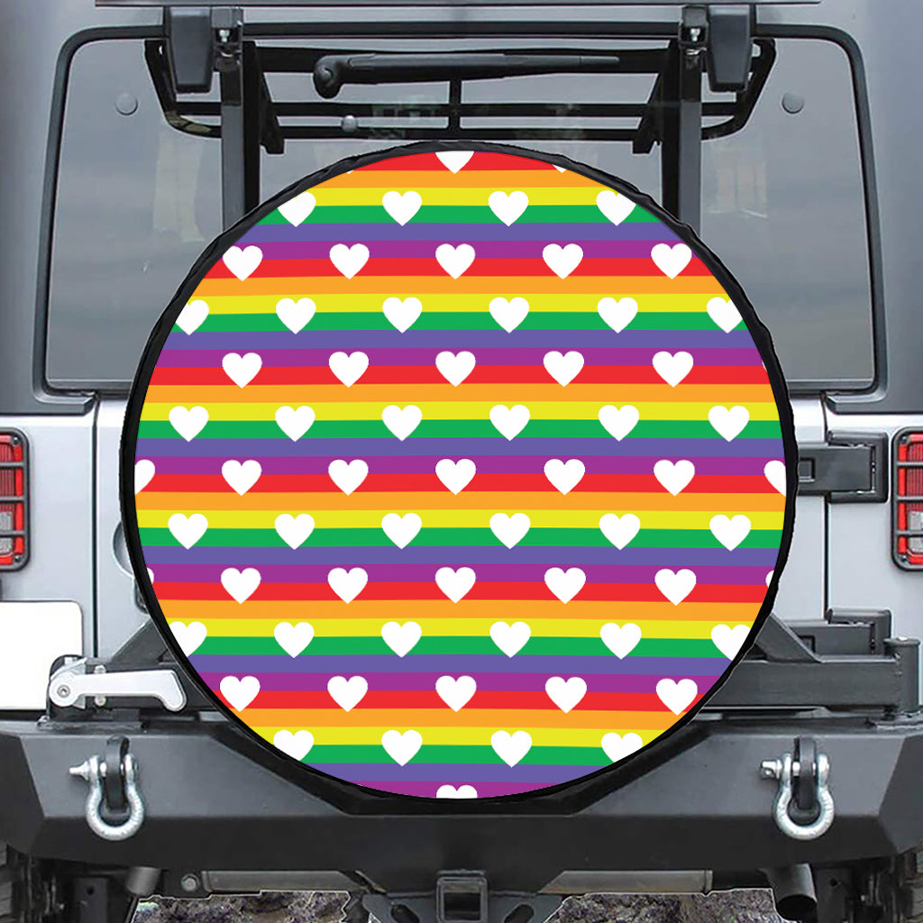 White Heart On LGBT Pride Striped Print Tire Cover