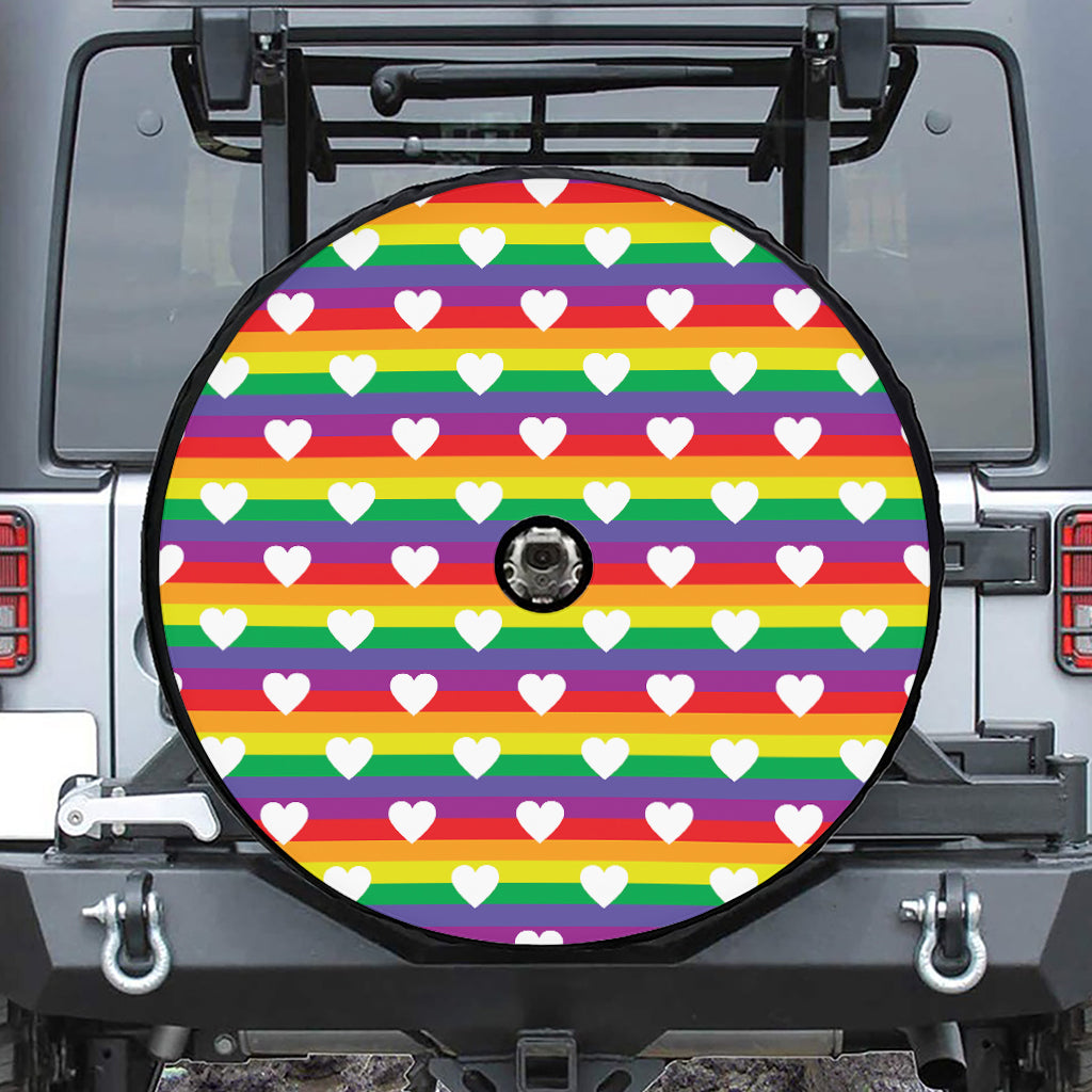 White Heart On LGBT Pride Striped Print Tire Cover With Camera Hole