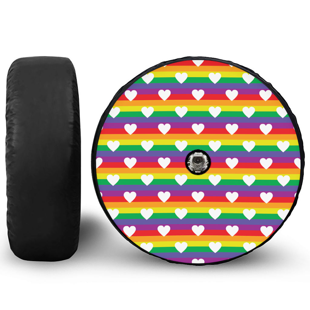 White Heart On LGBT Pride Striped Print Tire Cover With Camera Hole