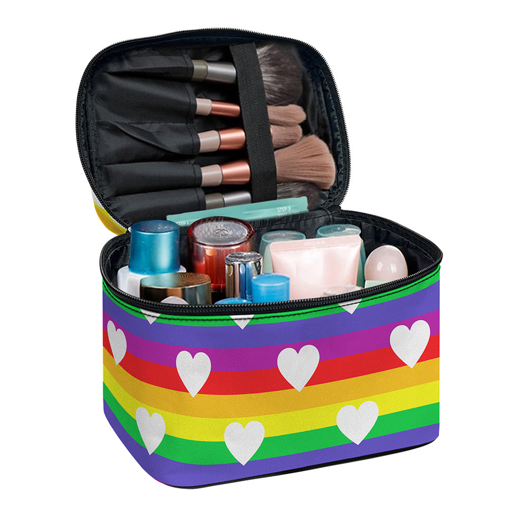 White Heart On LGBT Pride Striped Print Travel Makeup Bag