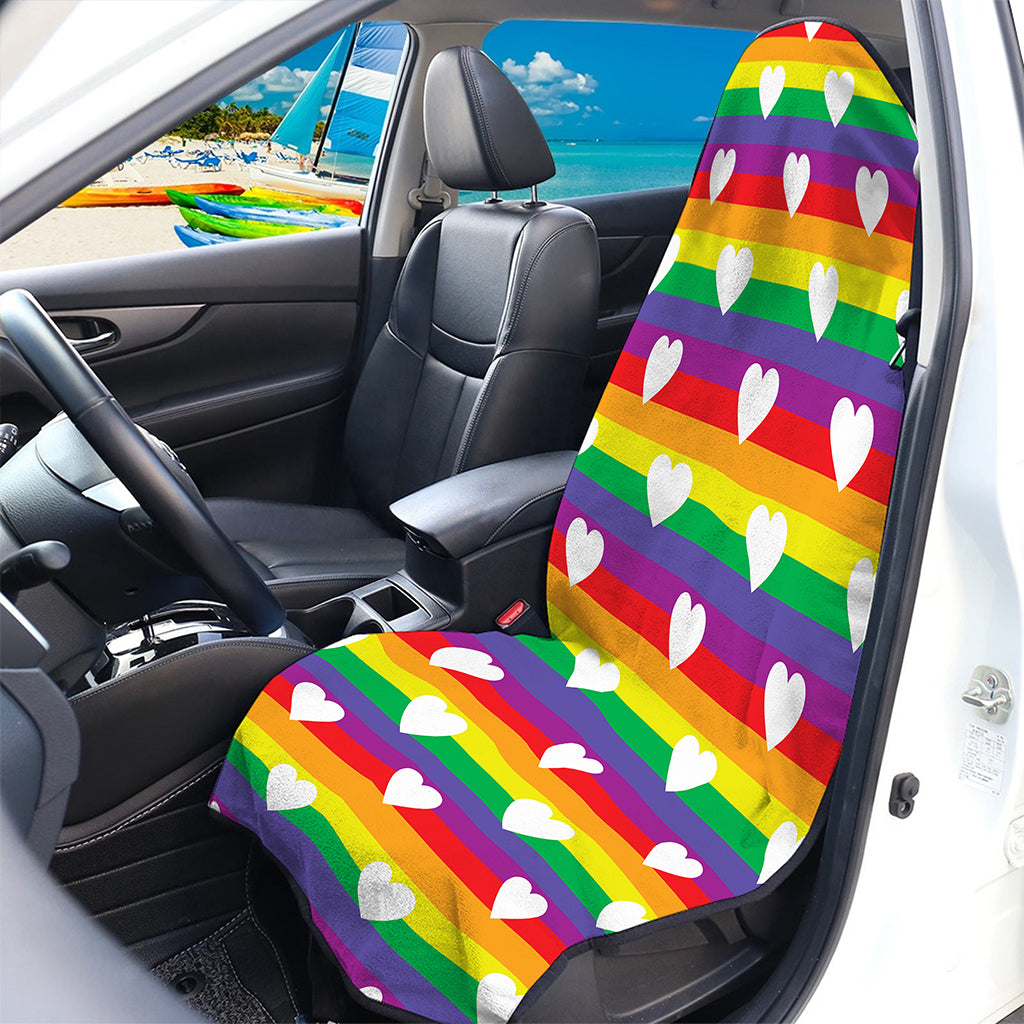 White Heart On LGBT Pride Striped Print Waterproof Car Seat Cover