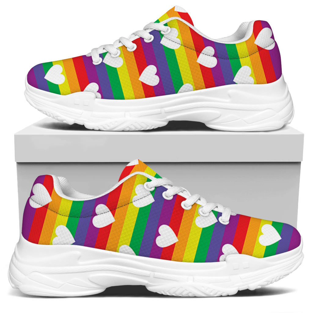 White Heart On LGBT Pride Striped Print White Chunky Shoes