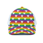 White Heart On LGBT Pride Striped Print White Mesh Trucker Cap