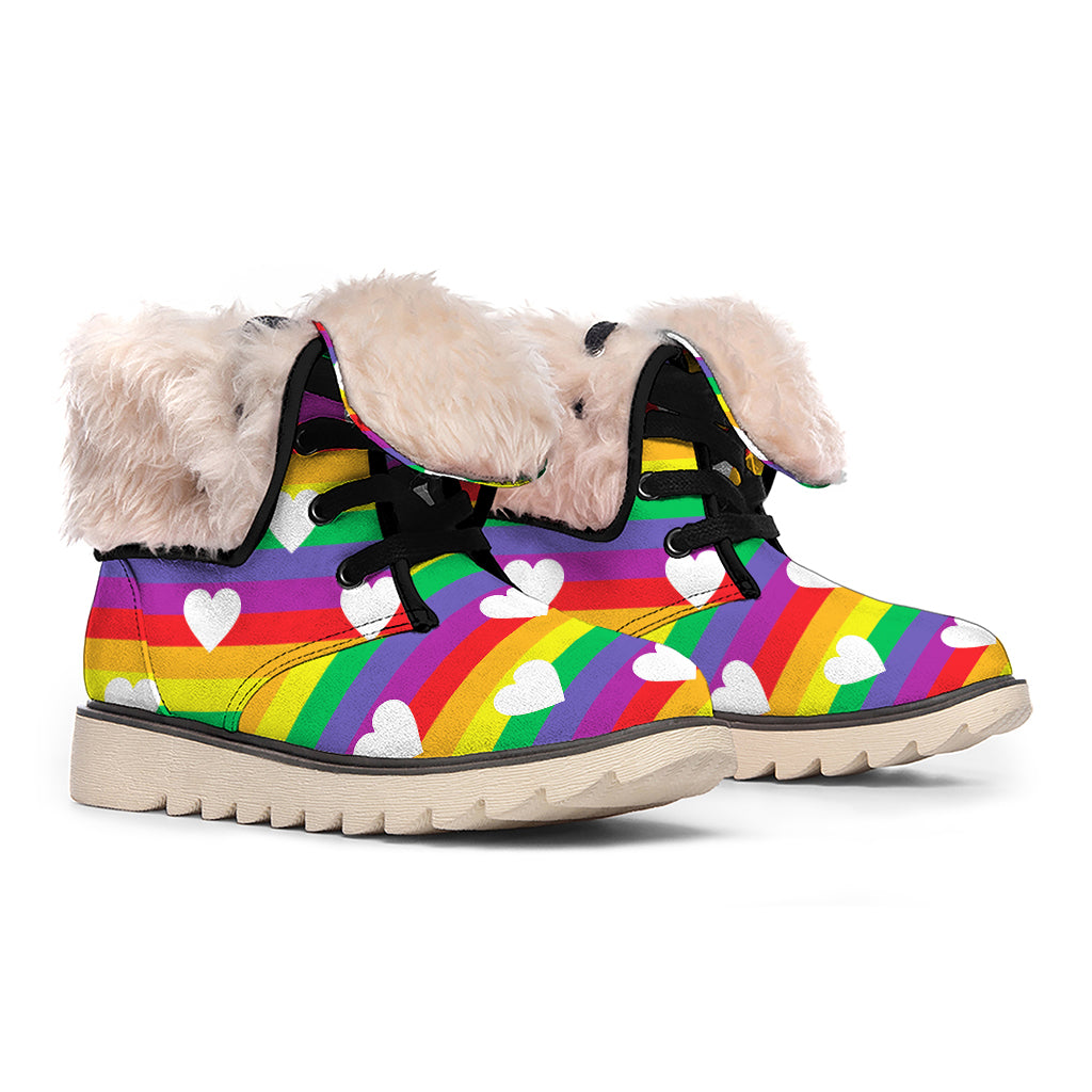 White Heart On LGBT Pride Striped Print Winter Boots
