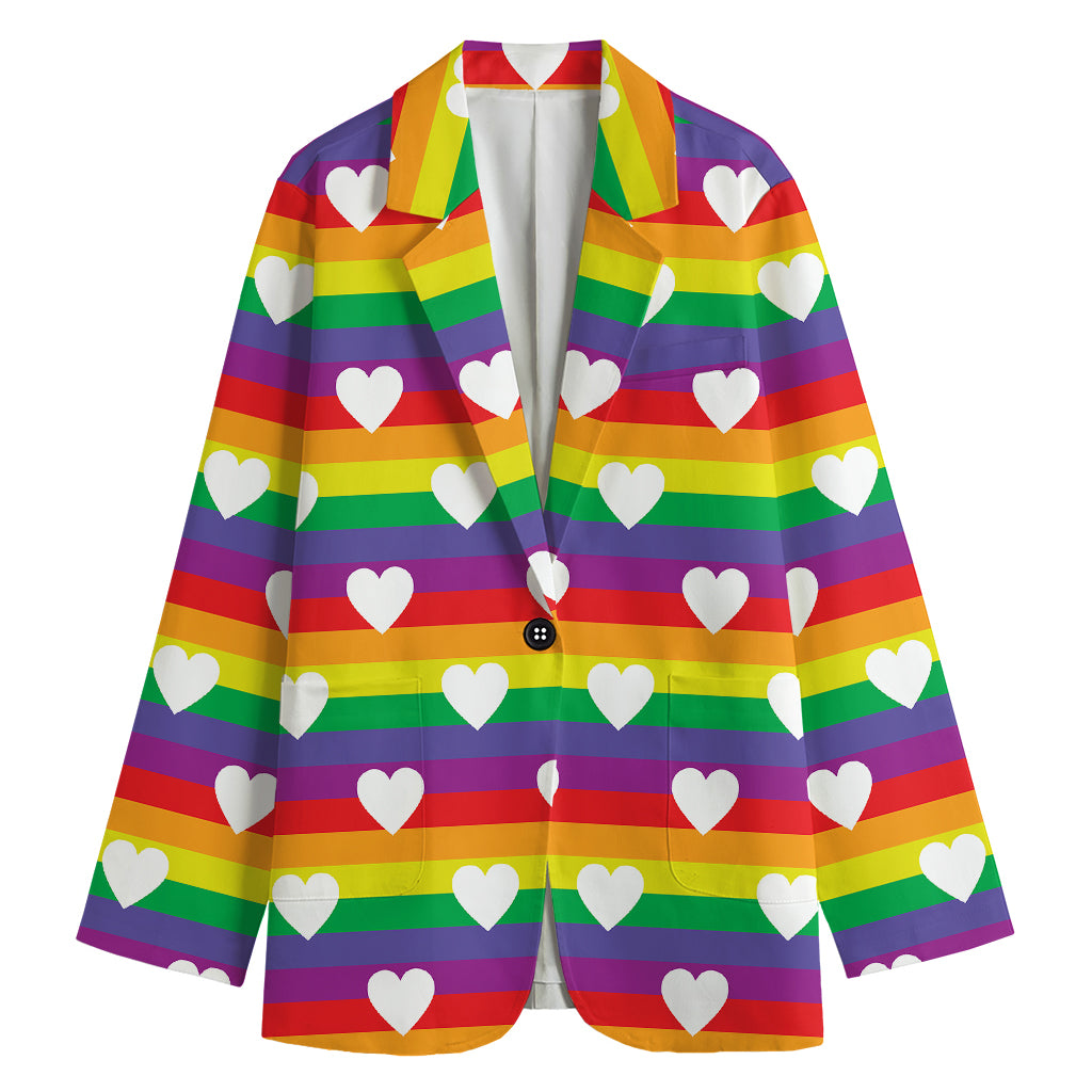 White Heart On LGBT Pride Striped Print Women's Blazer