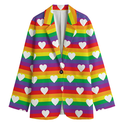 White Heart On LGBT Pride Striped Print Women's Blazer
