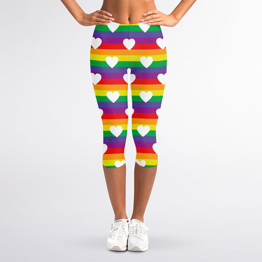White Heart On LGBT Pride Striped Print Women's Capri Leggings