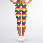 White Heart On LGBT Pride Striped Print Women's Capri Leggings