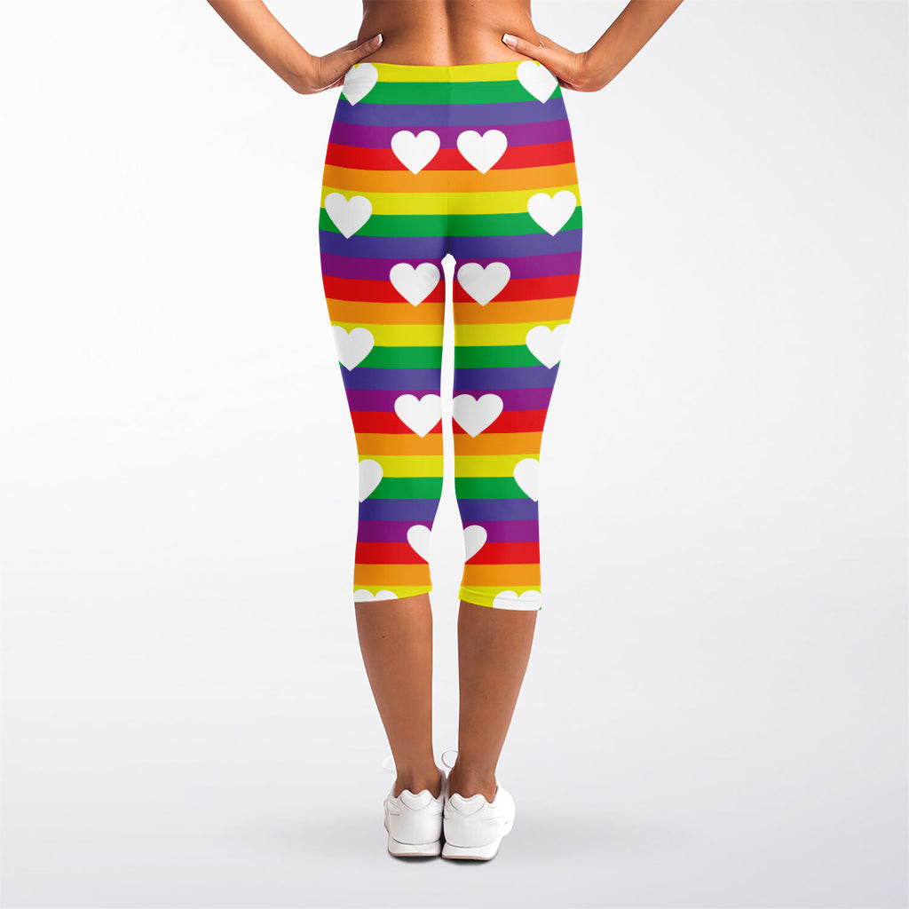 White Heart On LGBT Pride Striped Print Women's Capri Leggings
