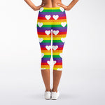 White Heart On LGBT Pride Striped Print Women's Capri Leggings
