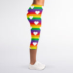 White Heart On LGBT Pride Striped Print Women's Capri Leggings