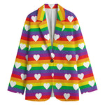 White Heart On LGBT Pride Striped Print Women's Cotton Blazer