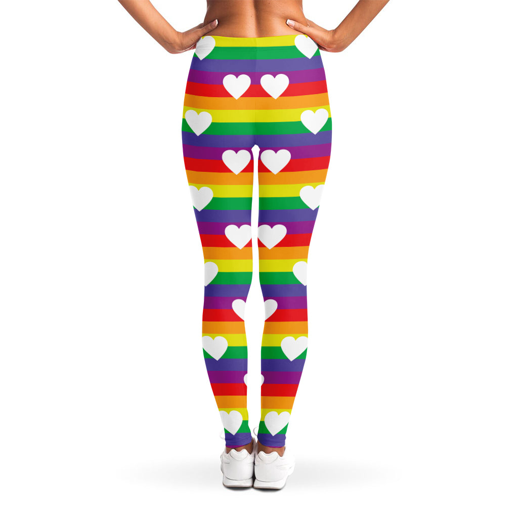 White Heart On LGBT Pride Striped Print Women's Leggings